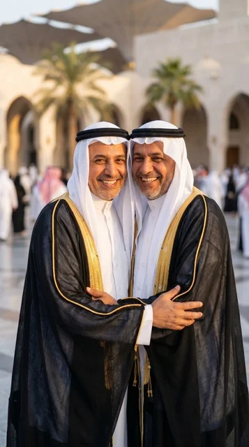 Saudi Men Greeting During Eid al-Adha Celebration