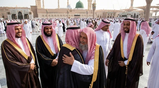 Saudi Men Greeting at Prophet's Mosque in Medina