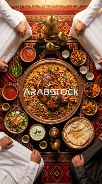 وليمة الكبسة السعودية باللحم في مجلس تقليدي لقطة علوية