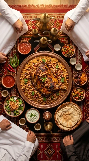 وليمة الكبسة السعودية باللحم في مجلس تقليدي لقطة علوية