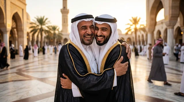 تبادل التهاني والعناق بين الرجال في عيد الأضحى