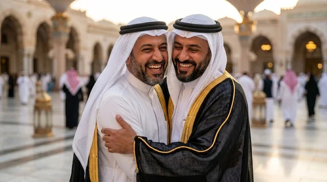رجال سعوديون يتبادلون التهاني والعناق في العيد بالبشت