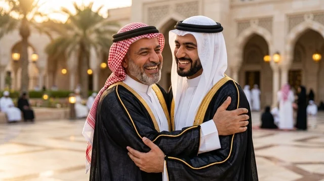 تبادل التهاني والعناق بين الرجال في العيد بالبشت السعودي