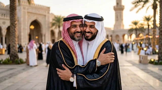 رجال سعوديون يرتدون البشت يتبادلون العناق في المسجد