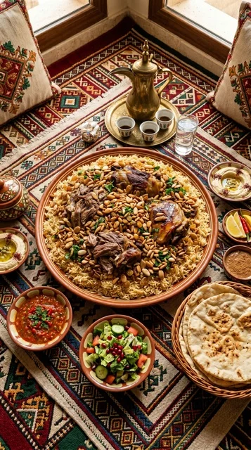 وليمة كبسة لحم الضأن في مجلس عربي تقليدي بالعيد