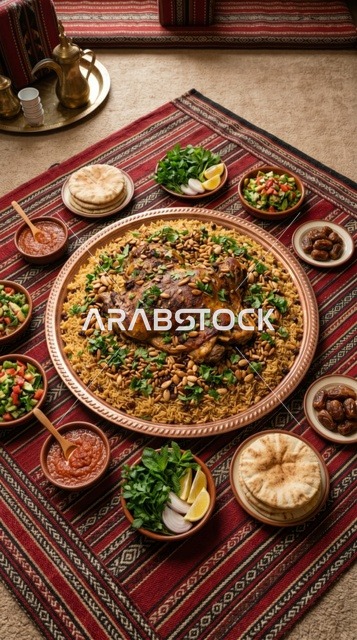 وليمة الكبسة السعودية بلحم الخروف في مجلس تقليدي