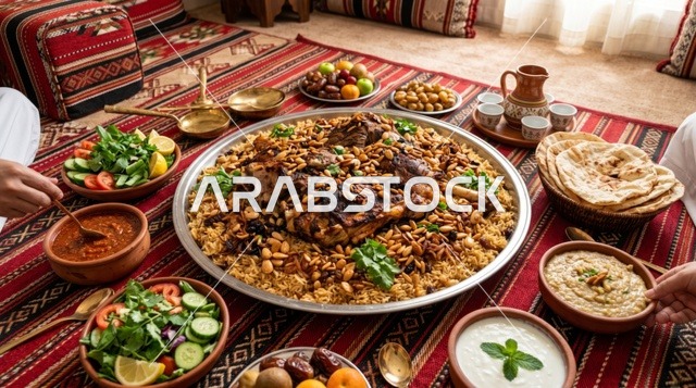 وليمة كبسة لحم سعودية في مجلس عربي تقليدي