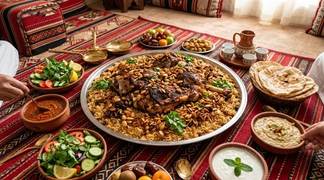 Saudi Lamb Kabsa Feast in Traditional Arabic Majlis