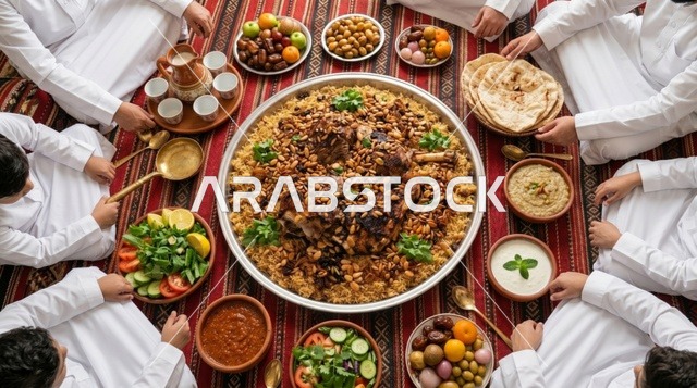وليمة الكبسة السعودية ولحم العيد في مجلس تقليدي