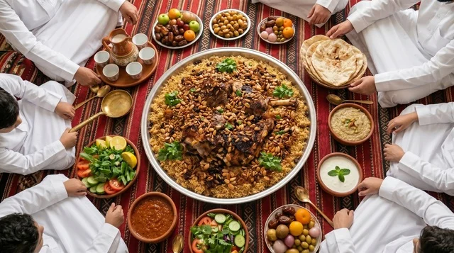 وليمة الكبسة السعودية ولحم العيد في مجلس تقليدي