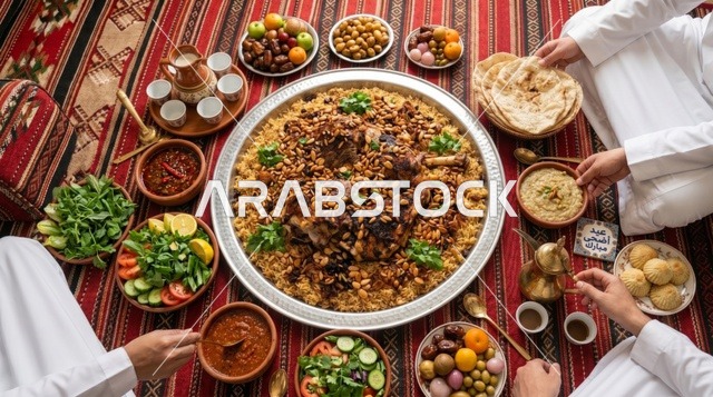 وليمة الكبسة السعودية ولحم الغنم في مجلس تقليدي