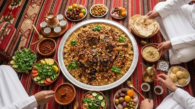 Saudi Kabsa Lamb Feast in Traditional Arabic Majlis