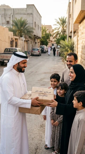 A young Saudi man distributes sacrificial meat during Eid al-Adha, demonstrating social solidarity and charitable work in the community.