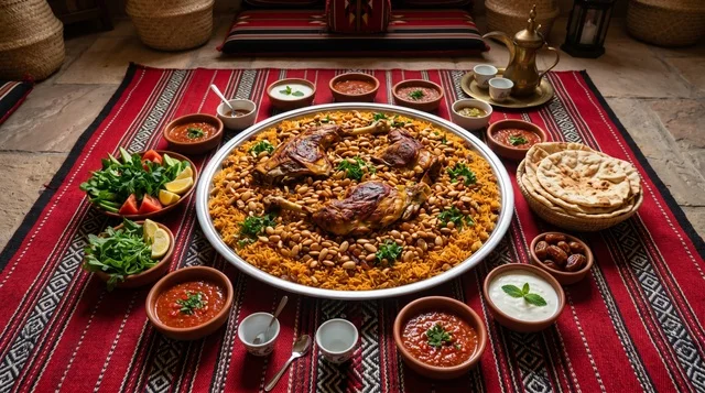 Saudi Kabsa Lamb Feast in Traditional Arabic Majlis