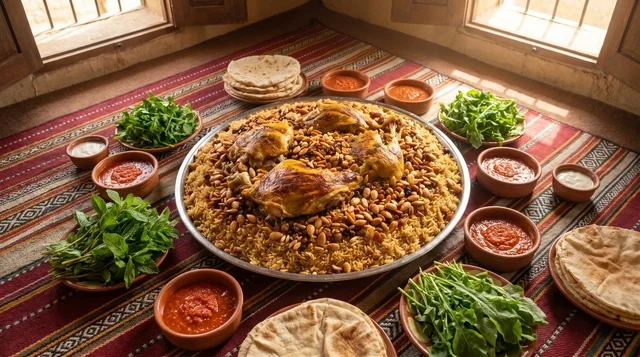 وليمة كبسة لحم سعودية في مجلس عربي تقليدي