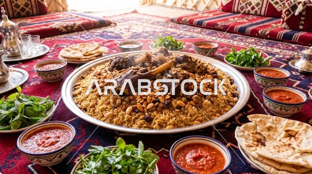 وليمة كبسة لحم الضأن في مجلس عربي تقليدي