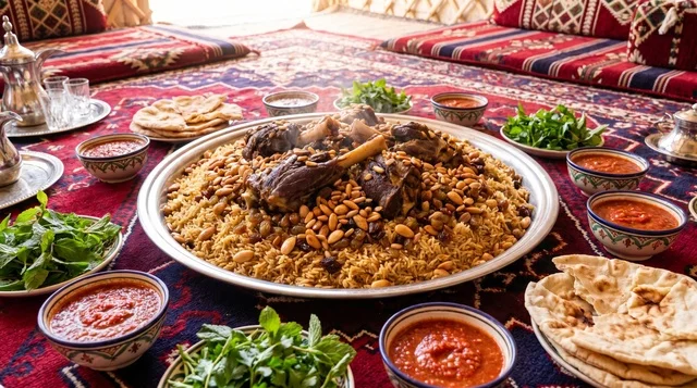 وليمة كبسة لحم الضأن في مجلس عربي تقليدي