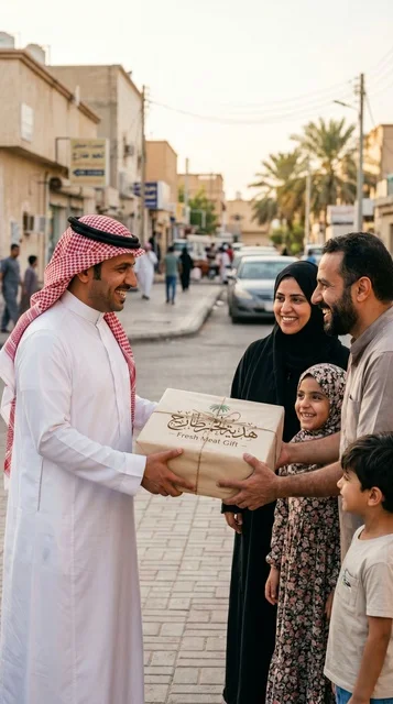 Saudi Man Distributing Eid Meat to Family in Saudi Arabia - Photo