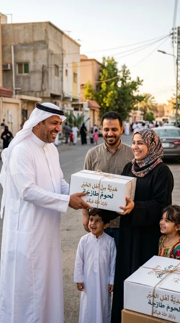 Saudi Man Giving Sacrificial Meat Boxes to Family