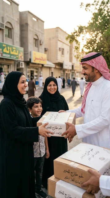 شاب سعودي يوزع صناديق لحوم الأضحية في شارع سكني