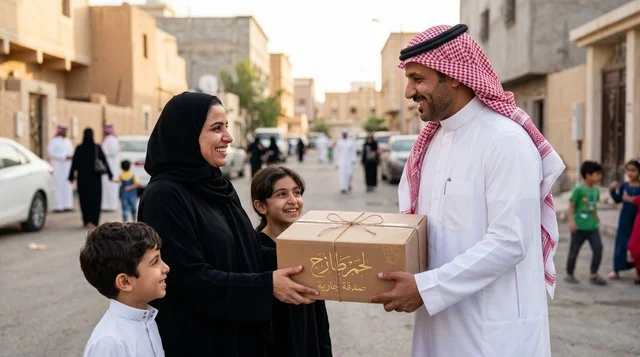 رجل سعودي يوزع صناديق لحوم الأضاحي الخيرية