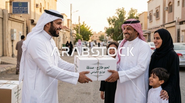 Saudi Man Distributing Eid Meat to Family in Saudi Arabia - Photo