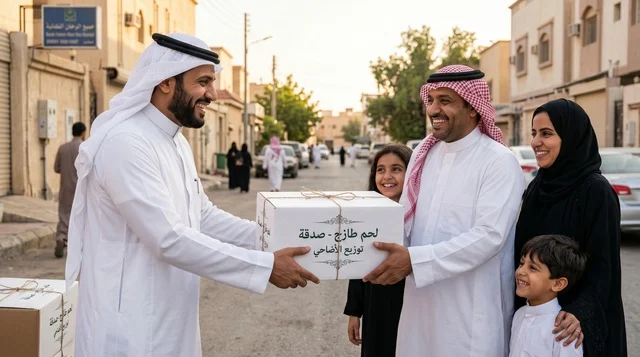 شاب سعودي يوزع لحوم الأضحية لعائلة في السعودية