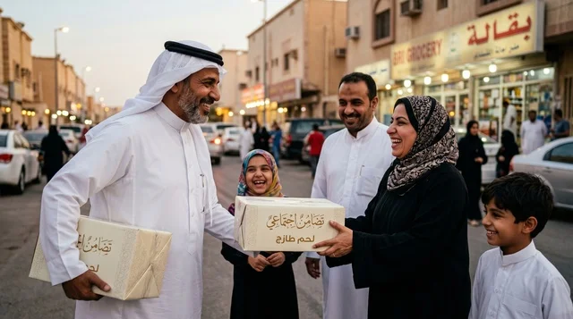 رجل سعودي يوزع صناديق لحوم الأضاحي في عيد الأضحى