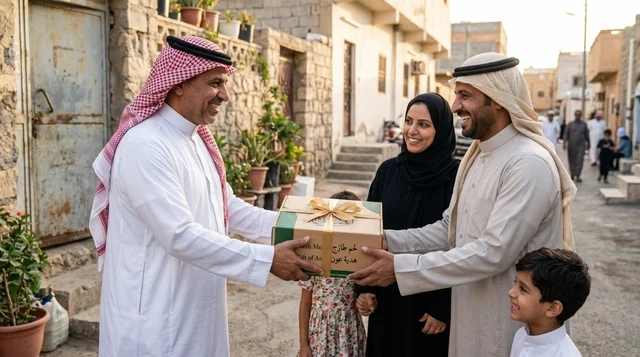 Saudi Man Distributing Eid Meat to Family in Saudi Arabia - Photo