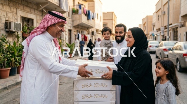 رجل سعودي يوزع صناديق لحوم الأضاحي في الشارع