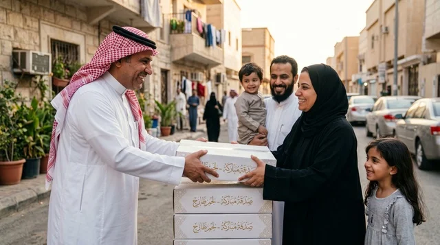 رجل سعودي يوزع صناديق لحوم الأضاحي في الشارع