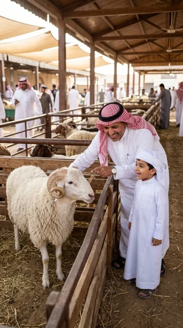 أب سعودي وابنه في سوق المواشي لعيد الأضحى