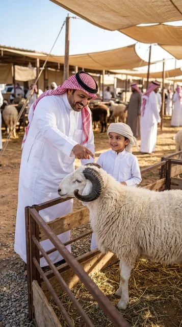 أب سعودي وابنه في سوق المواشي لشراء الأضحية