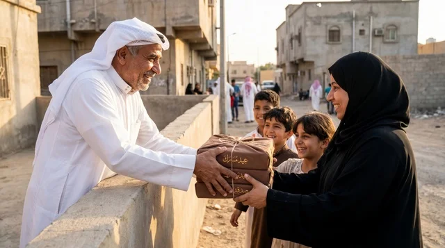 رجل سعودي يوزع طرود لحوم الأضاحي في العيد