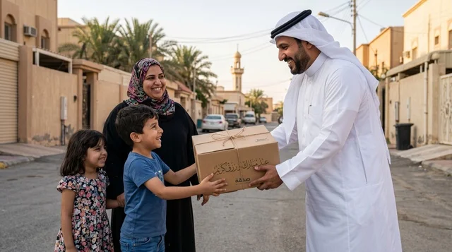 Saudi Man Handing Charity Box During Eid al-Adha