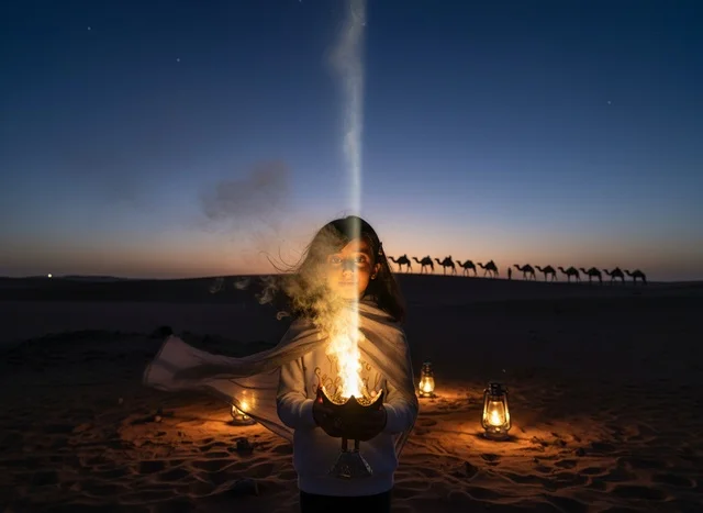 Saudi Girl with Incense Burner and Camel Caravan Saudi Girl with Incense Burner and Camel Caravan