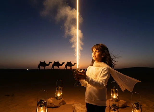Arab Girl with Incense Burner in Desert at Night