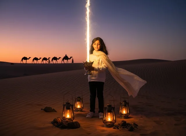 Saudi Girl with Lanterns and Camels in Desert Sunset