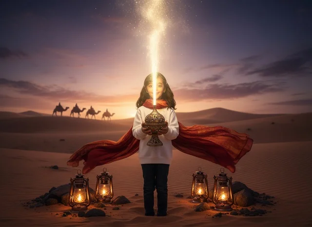Saudi Girl with Incense Burner in Desert Sunset