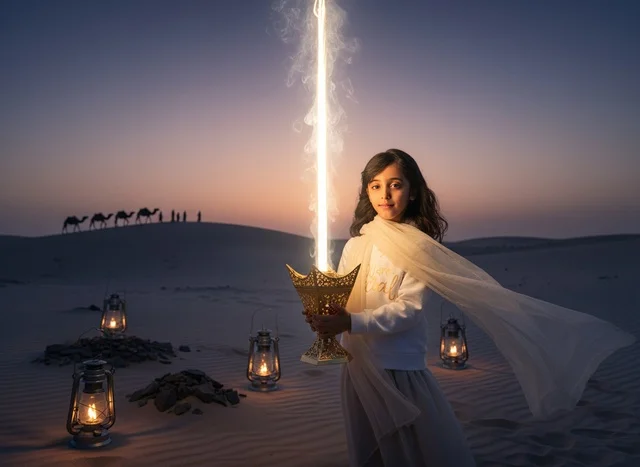 طفلة عربية مع مبخرة في الصحراء وقت الغسق