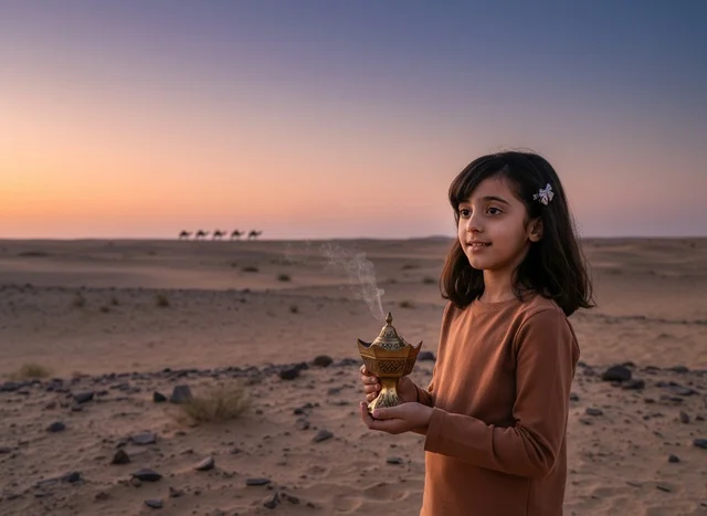 Arab Girl with Incense Burner in Desert Sunset