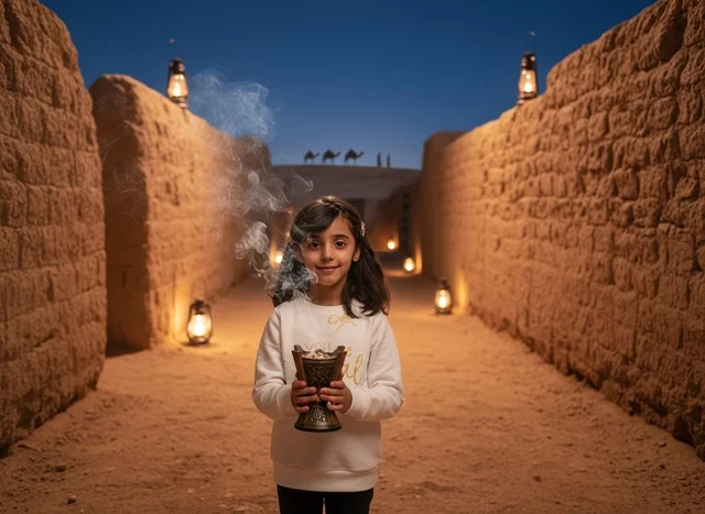Saudi Girl Holding Incense Burner at Heritage Site