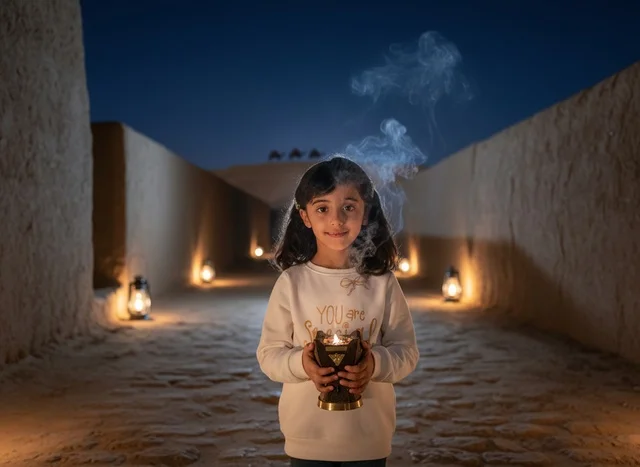 Saudi Girl Holding Traditional Incense Burner at Night Saudi Girl Holding Traditional Incense Burner at Night