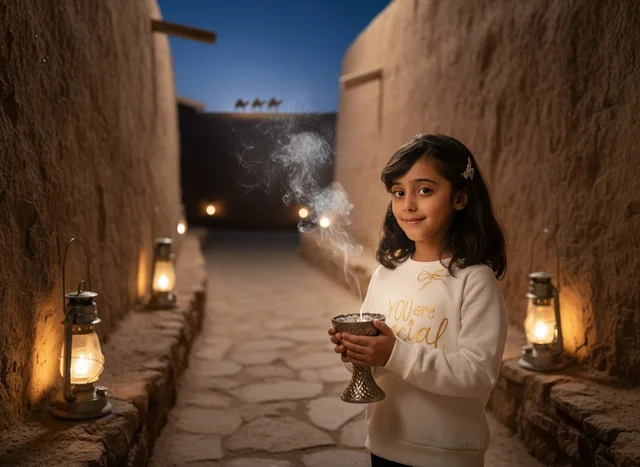 Saudi Girl Holding Incense in Traditional Heritage Alley