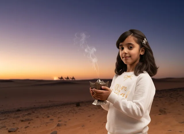 Saudi Girl Holding Incense Burner in Desert Sunset
