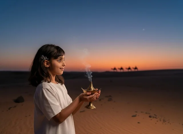 طفلة سعودية تحمل مبخرة في الصحراء وقت الغروب