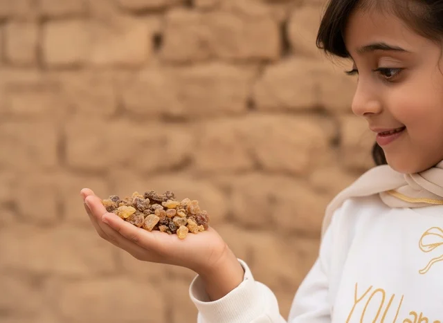 Saudi Girl Holding Natural Frankincense Resin Outdoors