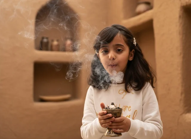 طفلة سعودية تمسك مبخرة بخور في بيت طيني تراثي