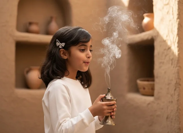 Saudi Girl with Traditional Incense Burner in Mud House