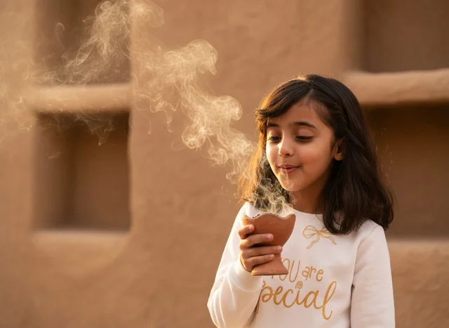 Saudi Girl with Traditional Incense Burner and Smoke